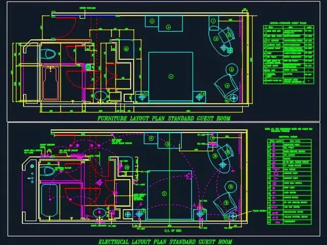 CAD drawing of a hotel guest room electrical layout