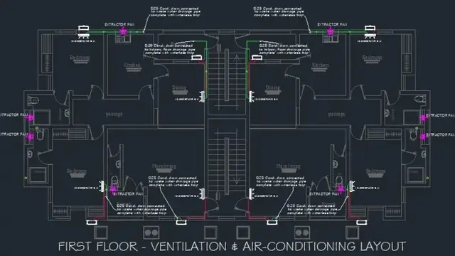 CAD drawing of a first-floor ventilation and air-conditioning layout