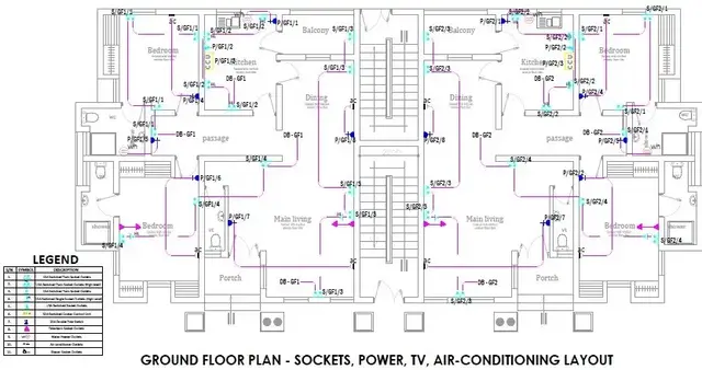CAD drawing of a ground-floor power and sockets layout